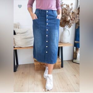 Classic Blue Button-Front Midi Skirt